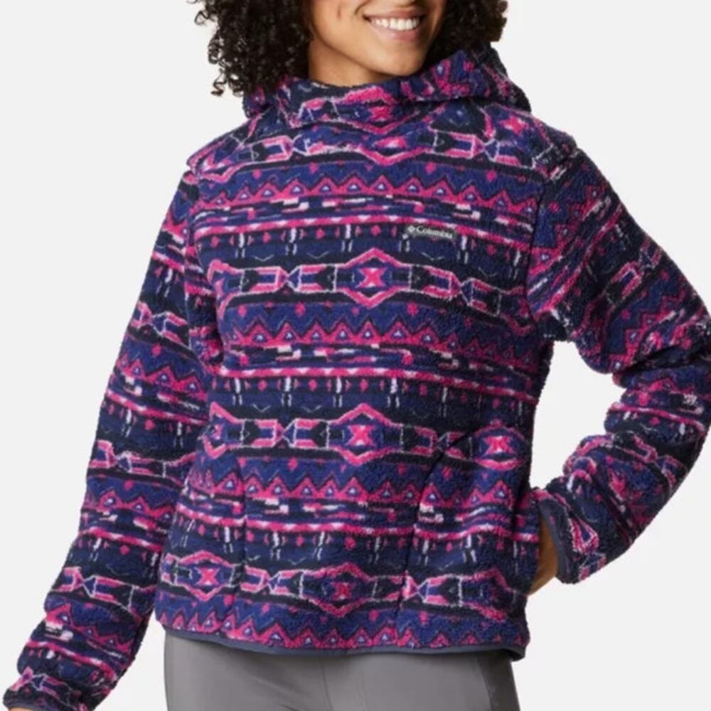 Columbia West Bend Hooded Sherpa Sweater Geometric Print Purple/Blue Size XXL